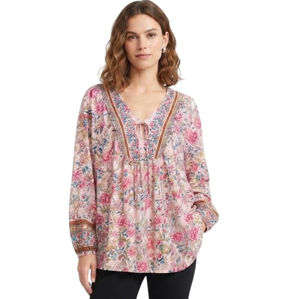 Bohemian Floral Long Sleeve Blouse Colorful Embroidered Plus Size 2X